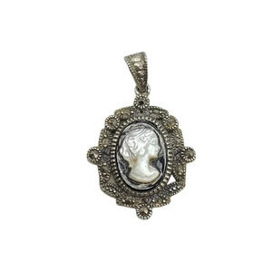 SU 925 Sterling Silver Cameo Mother of Pearl Onyx Marcasite Pendant Vintage